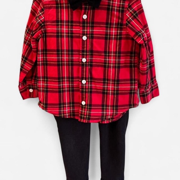 3T Red Plaid Kids Button Down Shirt with Bow Tie Pants Set toddler boy holiday - Picture 1 of 7